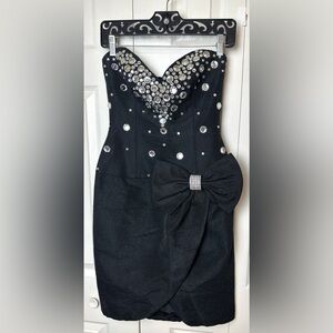 Vtg JULIE DUROCHE After Five Strapless Black Dress Rhinestones Bow 1980’s Glam